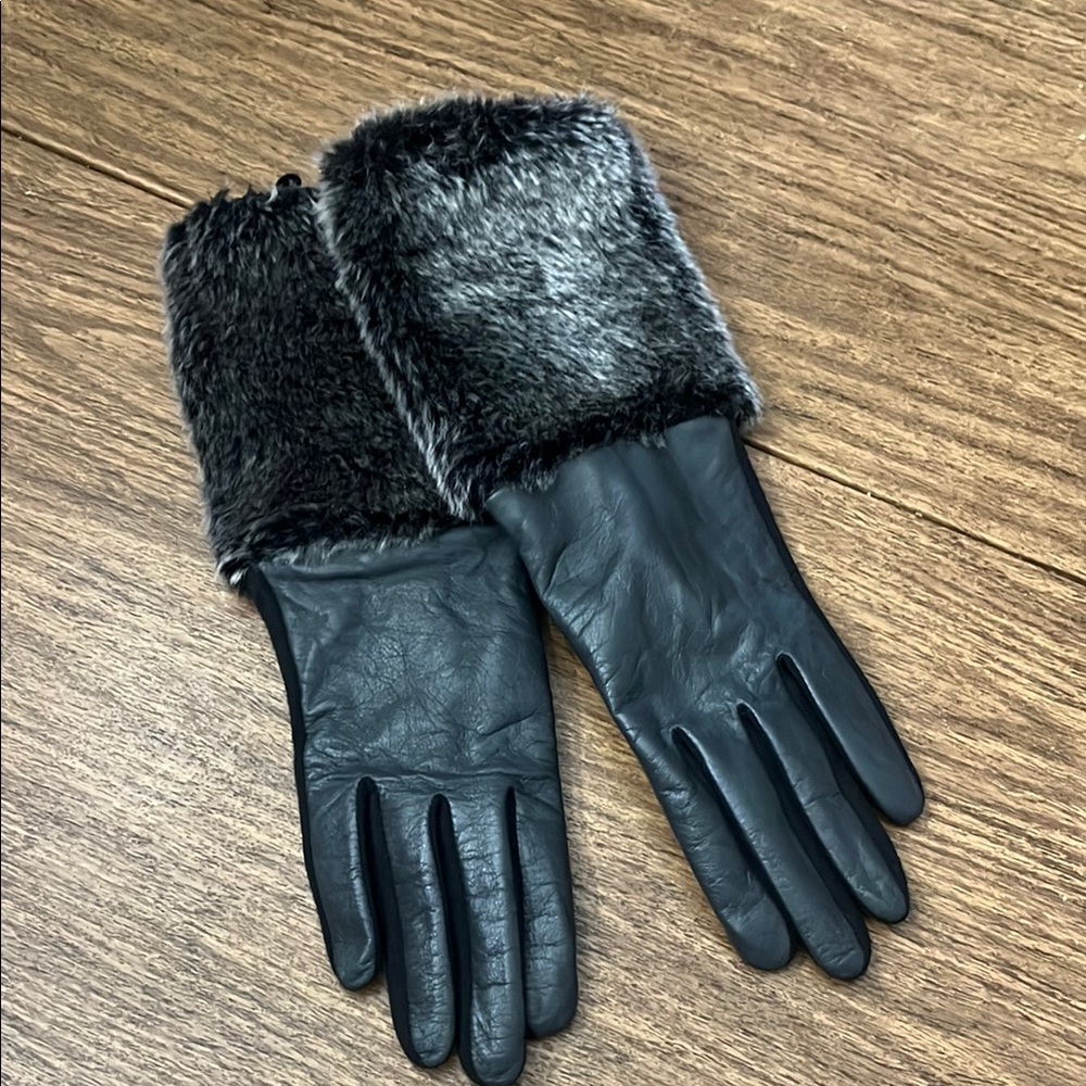 Charter Club Black and Gray Fur-Trimmed Gloves